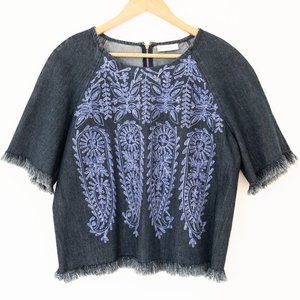 Megan Park Denim Paisley Embroidered Short Sleeve Top